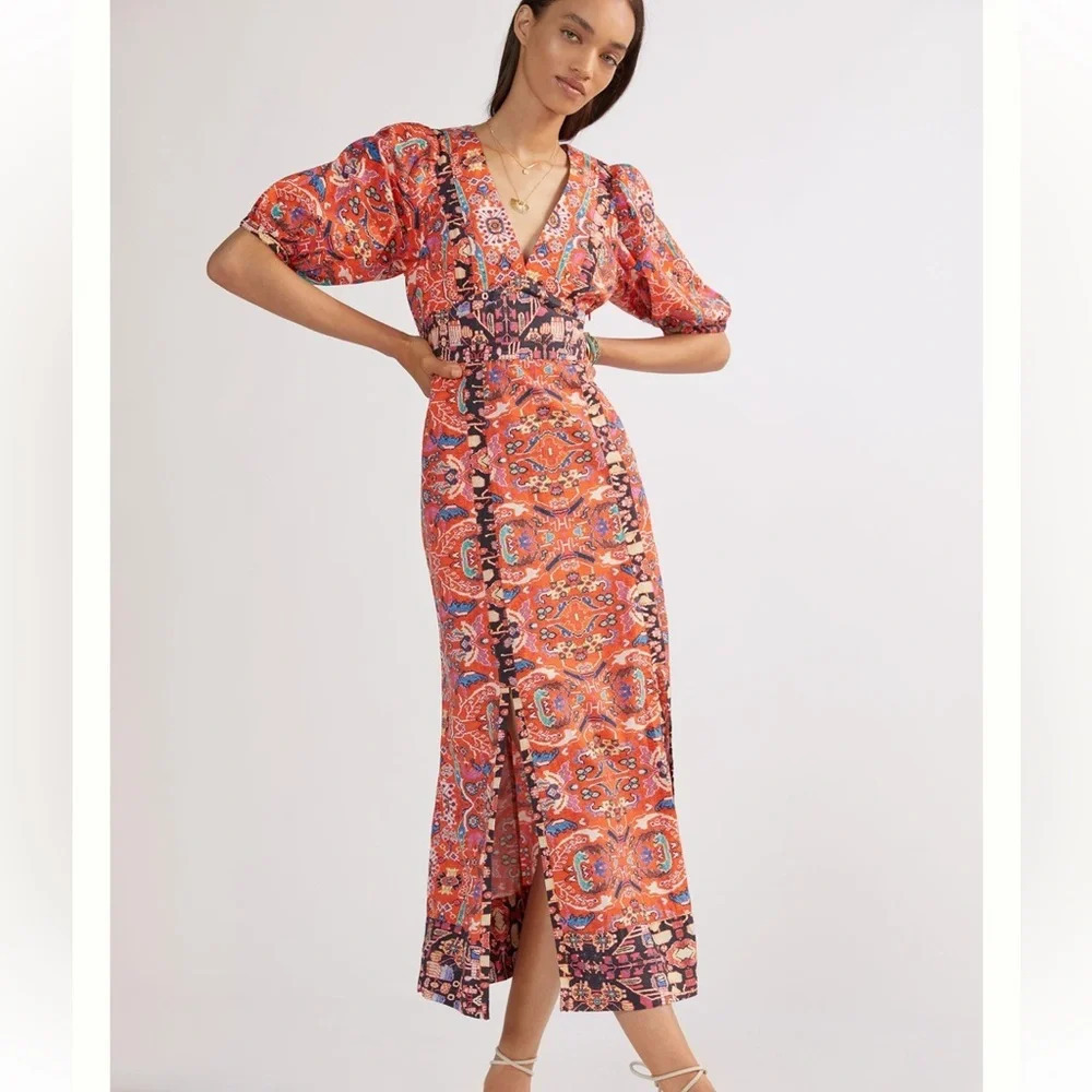 Anthropologie Floral Abstract Maxi Dress in Red Motif V Neck Boho Womens Size 2